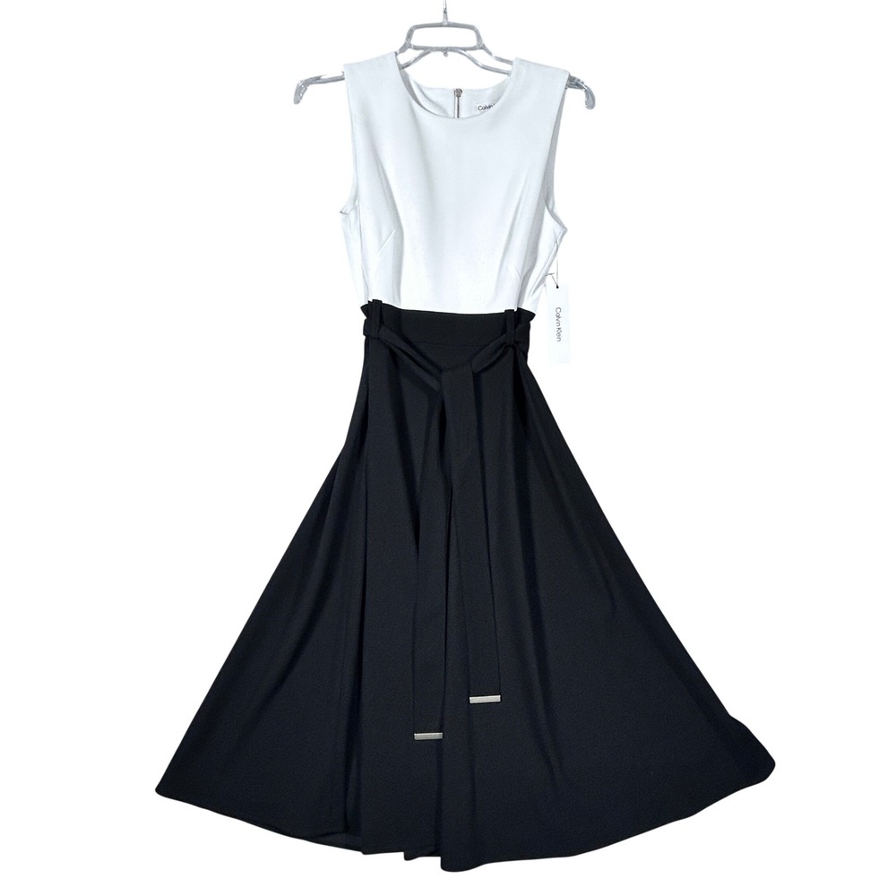 Calvin Klein Dress Womens 4 White Black Colorblock Belted Midi CD3C1F14